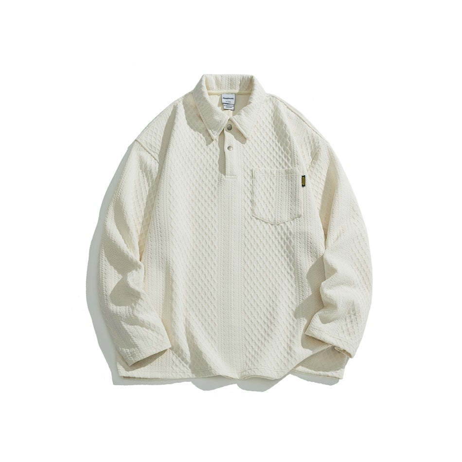 Apricot cream long-sleeve textured polo pullover with collar, two buttons and chest pocket, flat lay front view