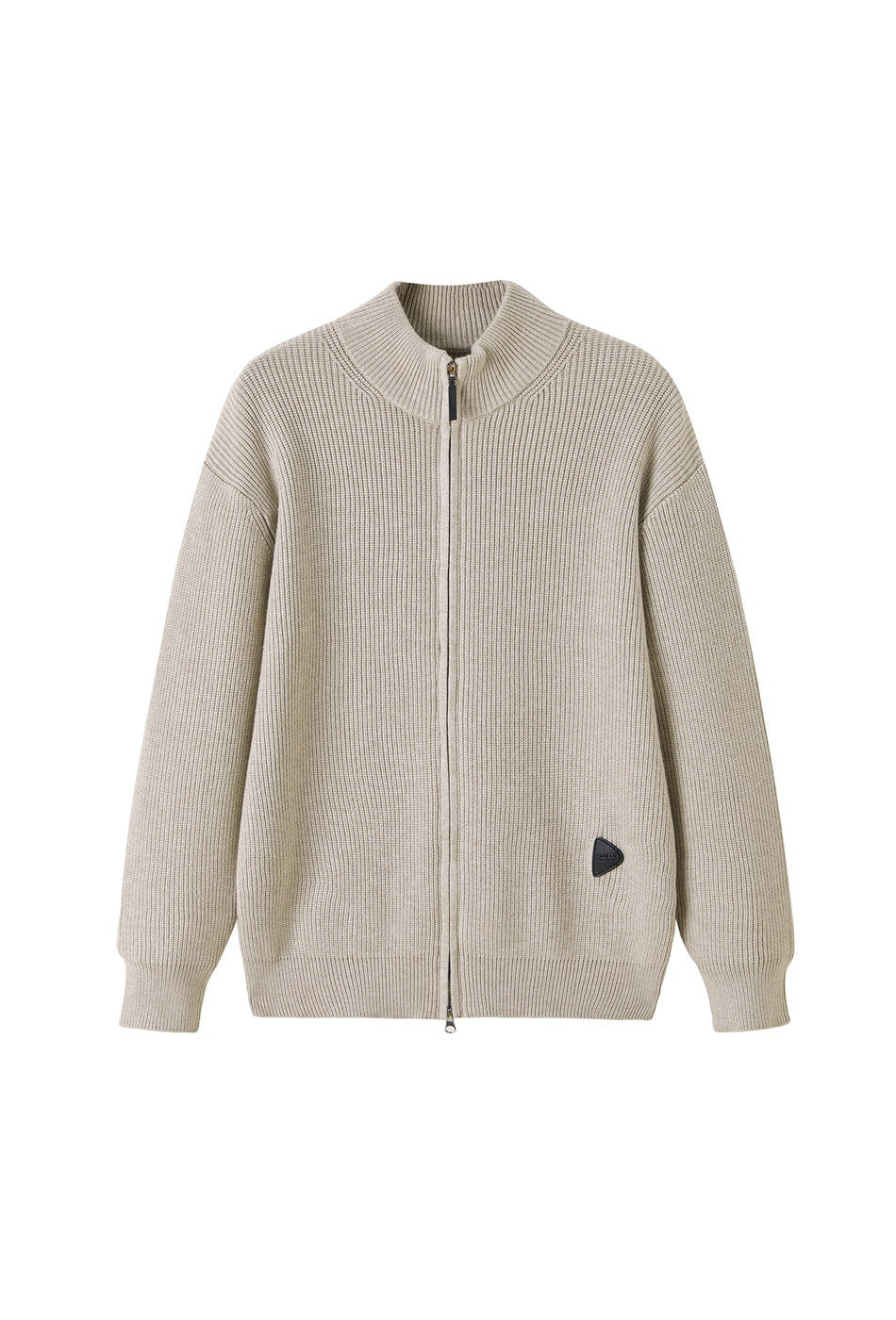 Apricot ribbed knit zip cardigan with stand collar and small black triangular patch, front view