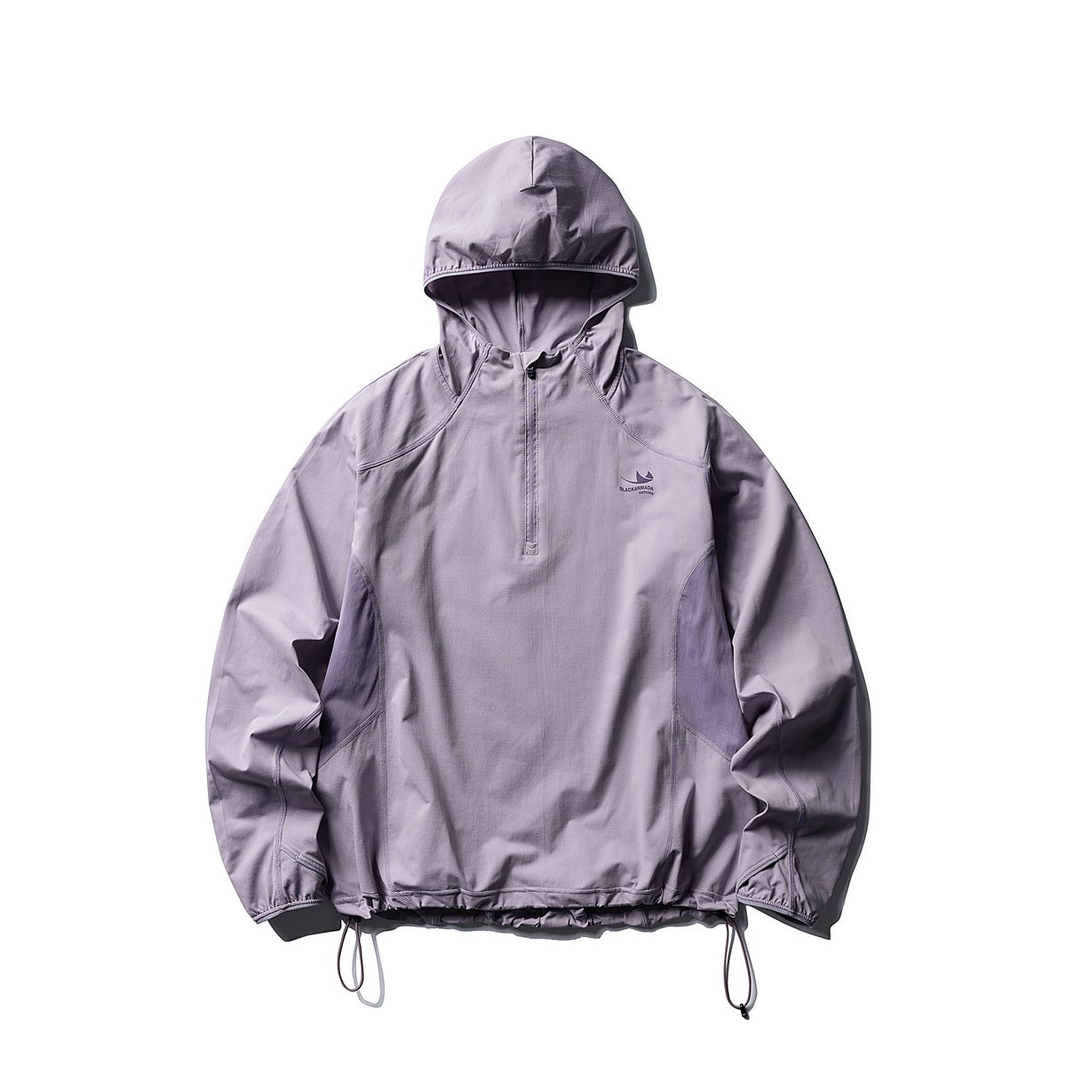 Purple-gray hooded half-zip jacket, flat front view, with darker mesh side panels and drawstring hem