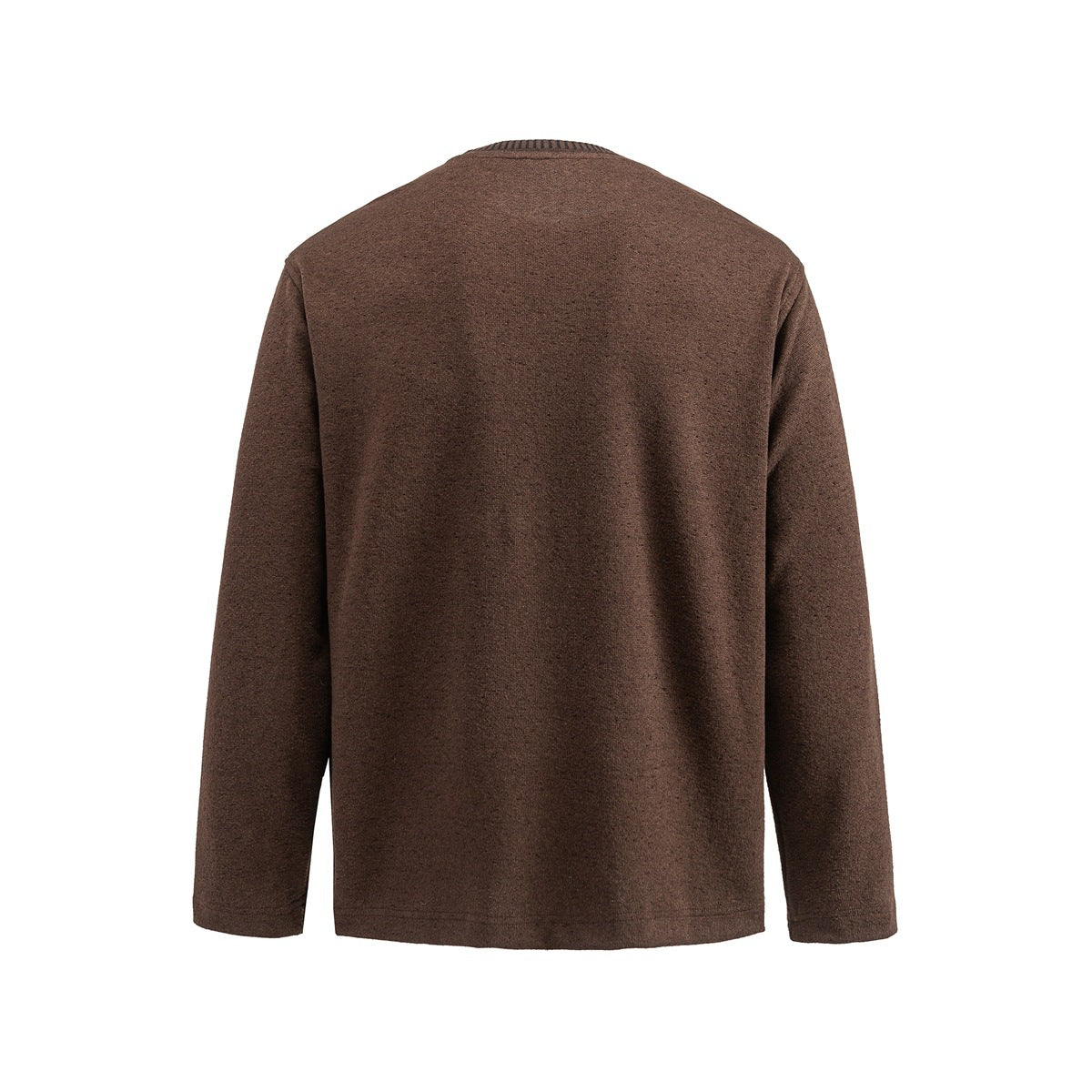 Back view of a plain brown long-sleeve top with a dark striped crewneck collar.