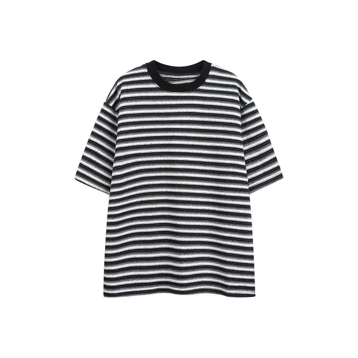 Black and white striped short-sleeve crew neck tee with black collar, front flat lay