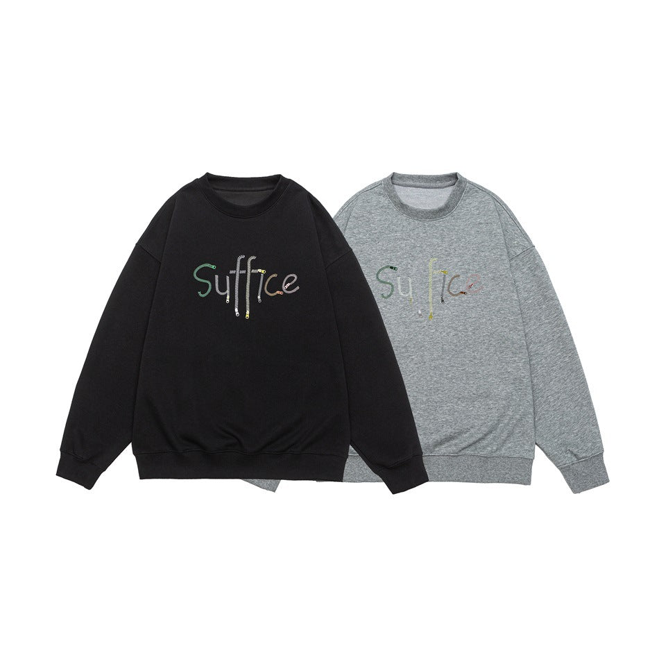 Black and heather gray crewneck sweatshirts displayed side by side, each with multicolored lettering on the chest.