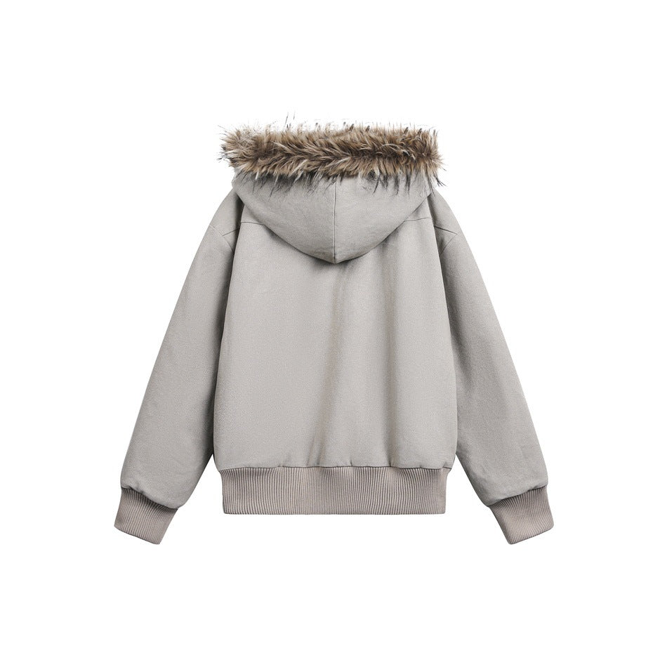 Back view of a light gray-taupe hooded jacket with brown fur trim and ribbed cuffs and hem.