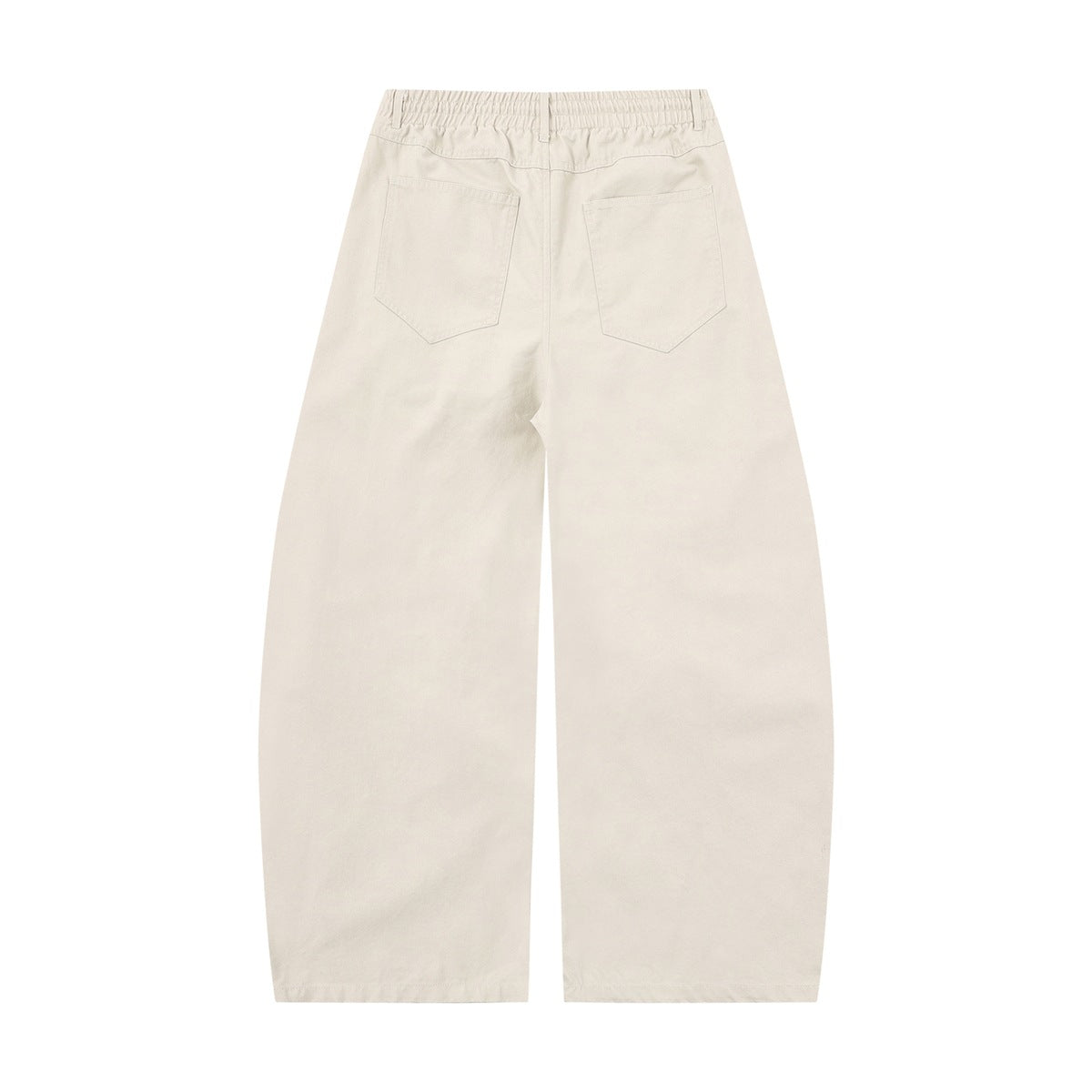 Rear view of off-white wide-leg trousers with an elastic waistband and two patch pockets.