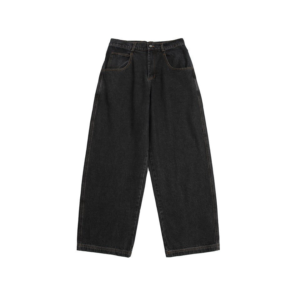 Dark grey-black wide-leg jeans, front flat view with tan contrast stitching and button fly
