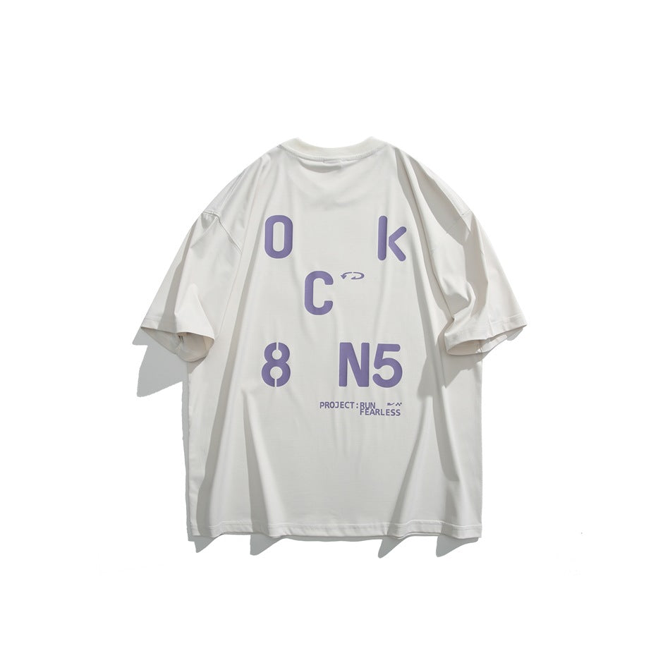 Back of off-white short-sleeve T-shirt with large purple stencil letter and number graphic