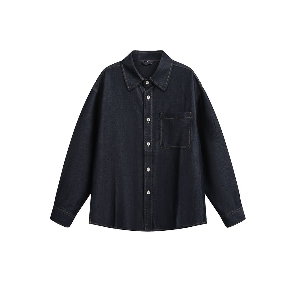 Dark blue denim-look button-up shirt with chest pocket and tan topstitching, flat front view
