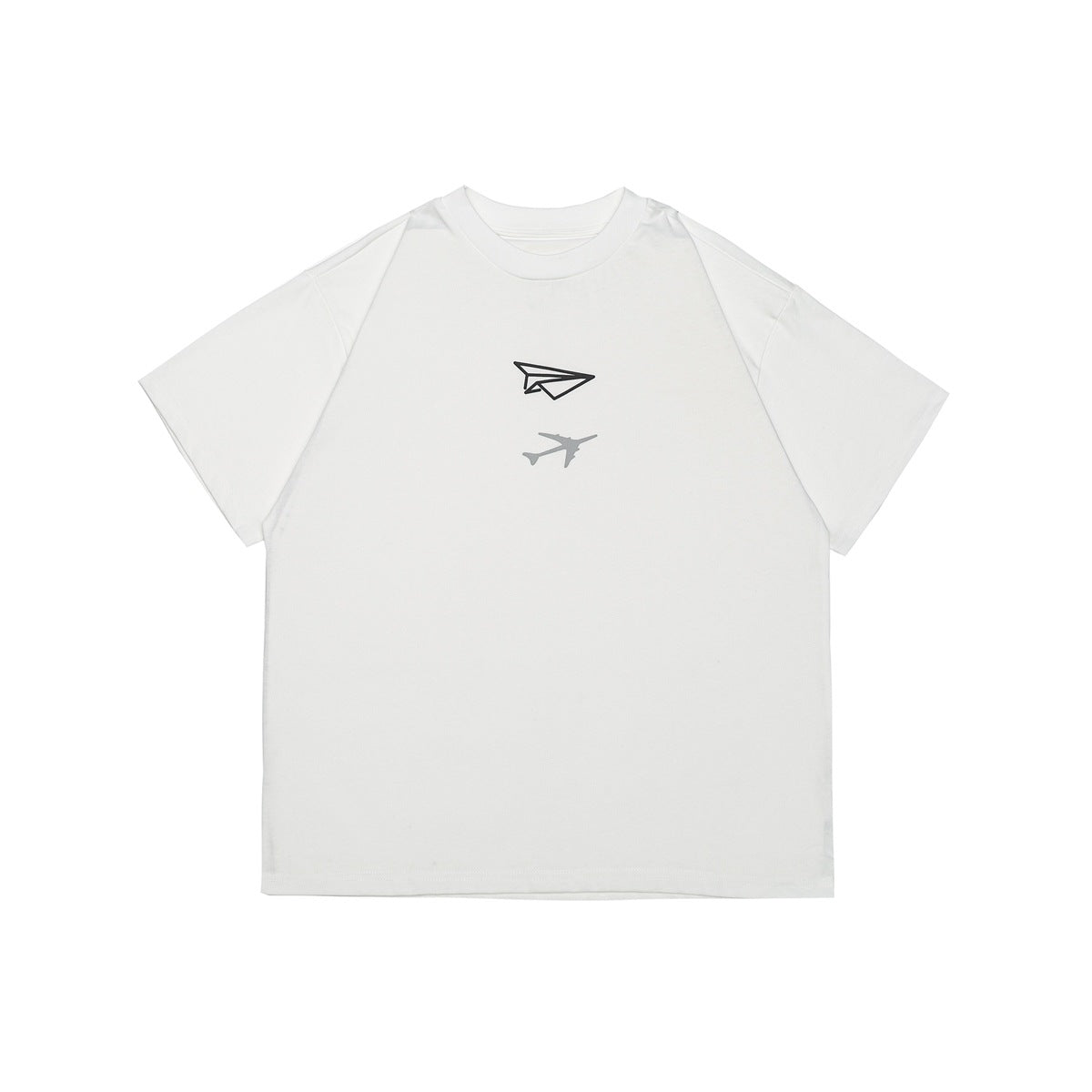 White short-sleeve crew-neck T-shirt with dark paper plane and gray airplane print on the chest, flat front view