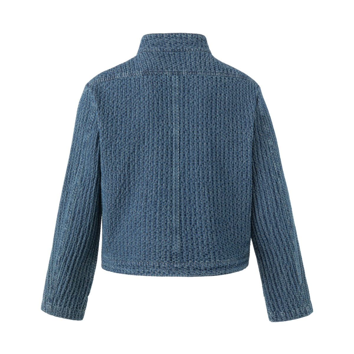 Back view of a blue textured jacket with long sleeves and a short, straight hem.