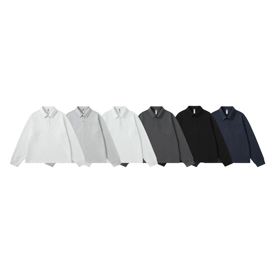 Six long-sleeve collared polo shirts with chest pockets shown in light gray, gray, white, charcoal, black, and navy.