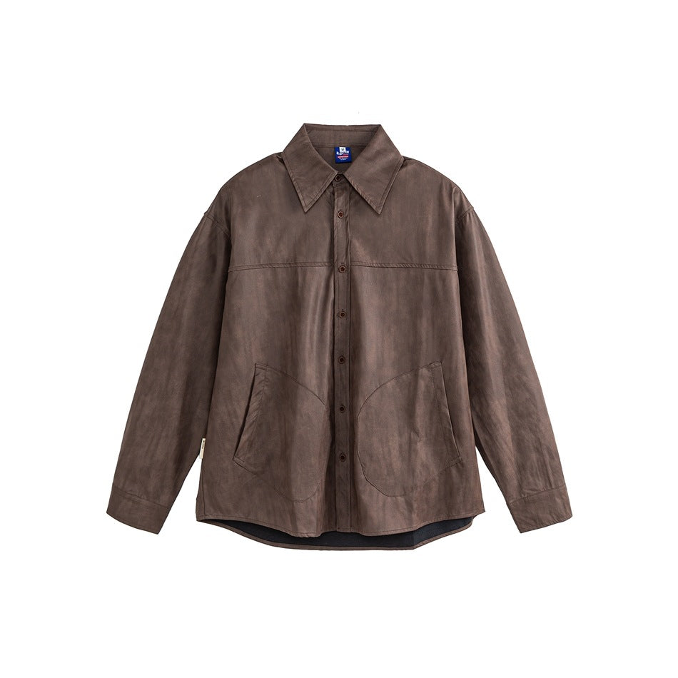 Front view of a brown long-sleeve button-up shirt jacket with a pointed collar and two large curved patch pockets.