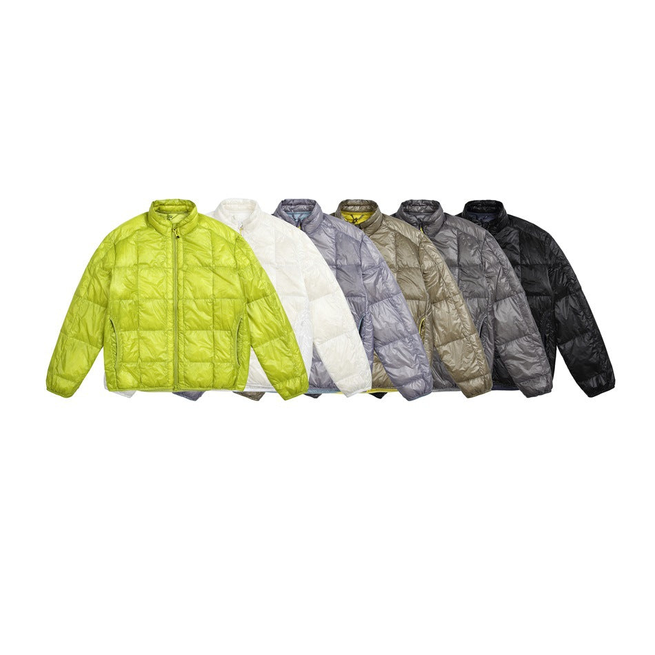 Quilted zip jackets displayed in lime green, white, pale lavender, taupe, gray, and black.