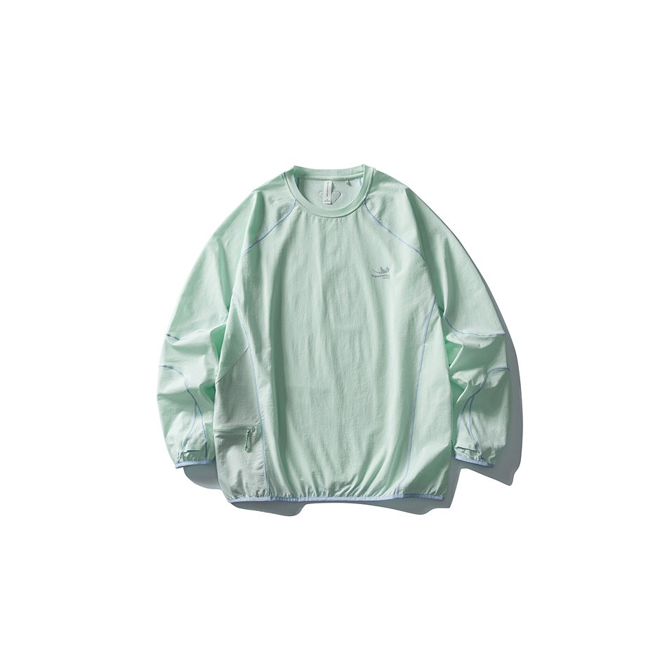 Mint green long-sleeve crew-neck top flat lay with light blue contrast piping and zip pocket