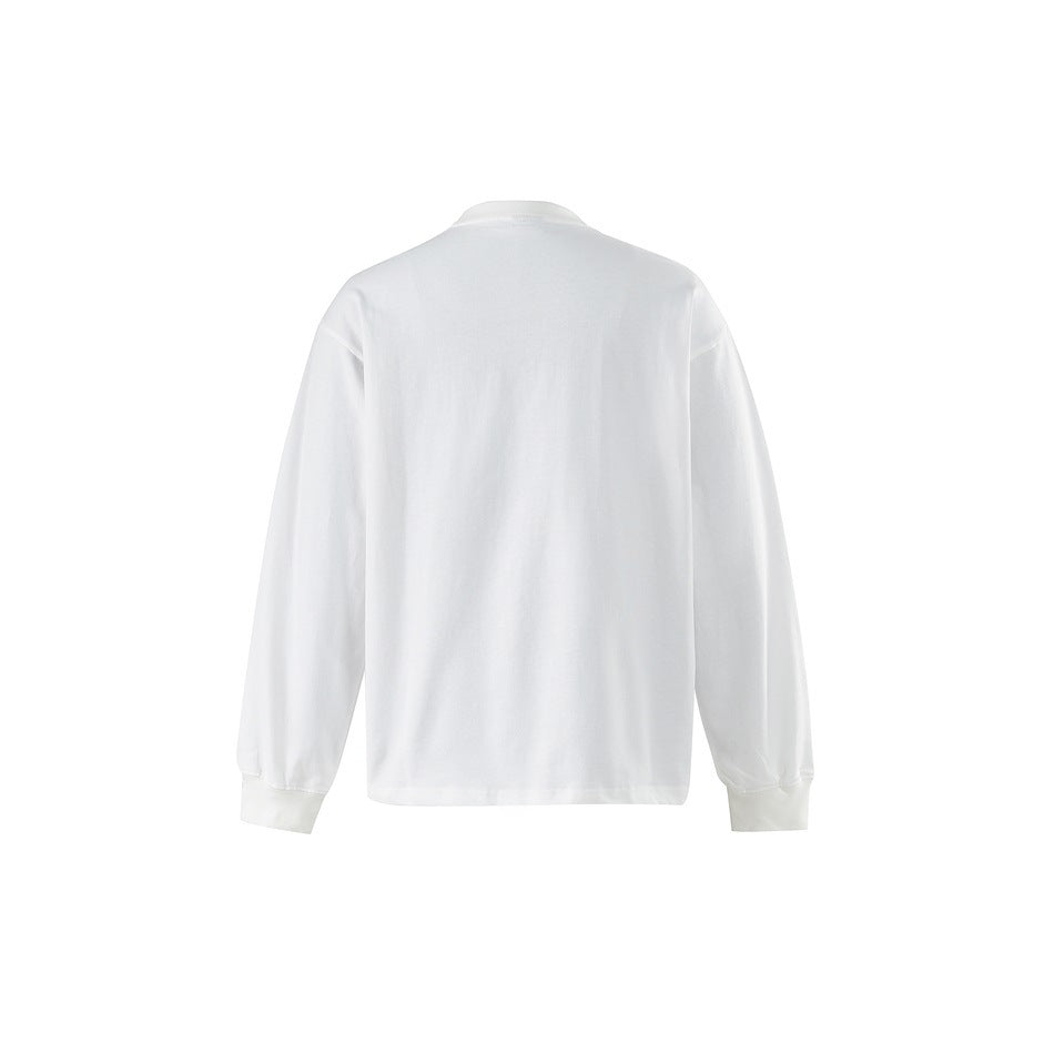Back view of a plain white long-sleeve crew-neck shirt with ribbed cuffs.