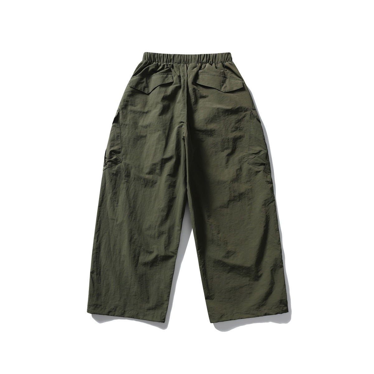 Back view of Army Green wide-leg cargo pants with elastic waistband, flap back pockets and side cargo pockets