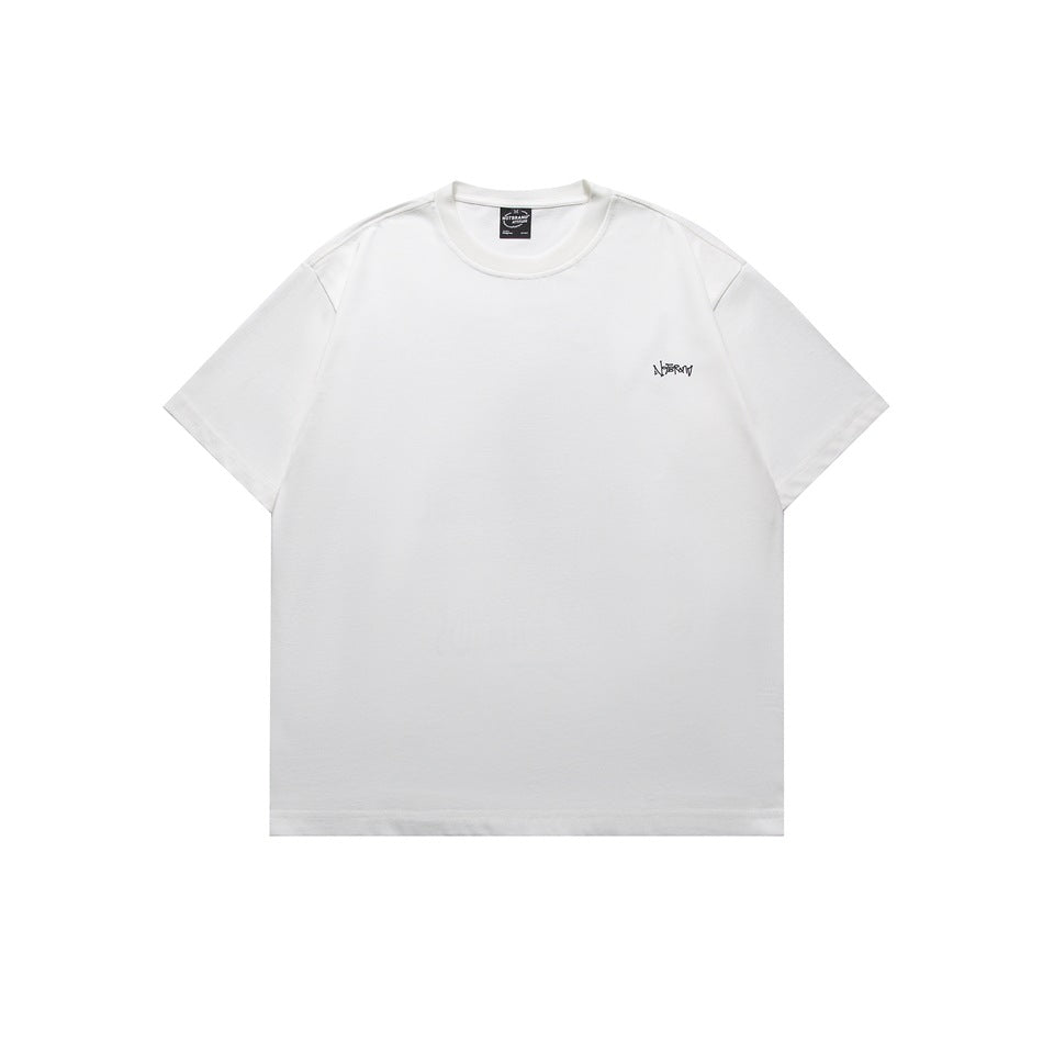Front view of a white short-sleeve crew-neck T-shirt with small black chest lettering.