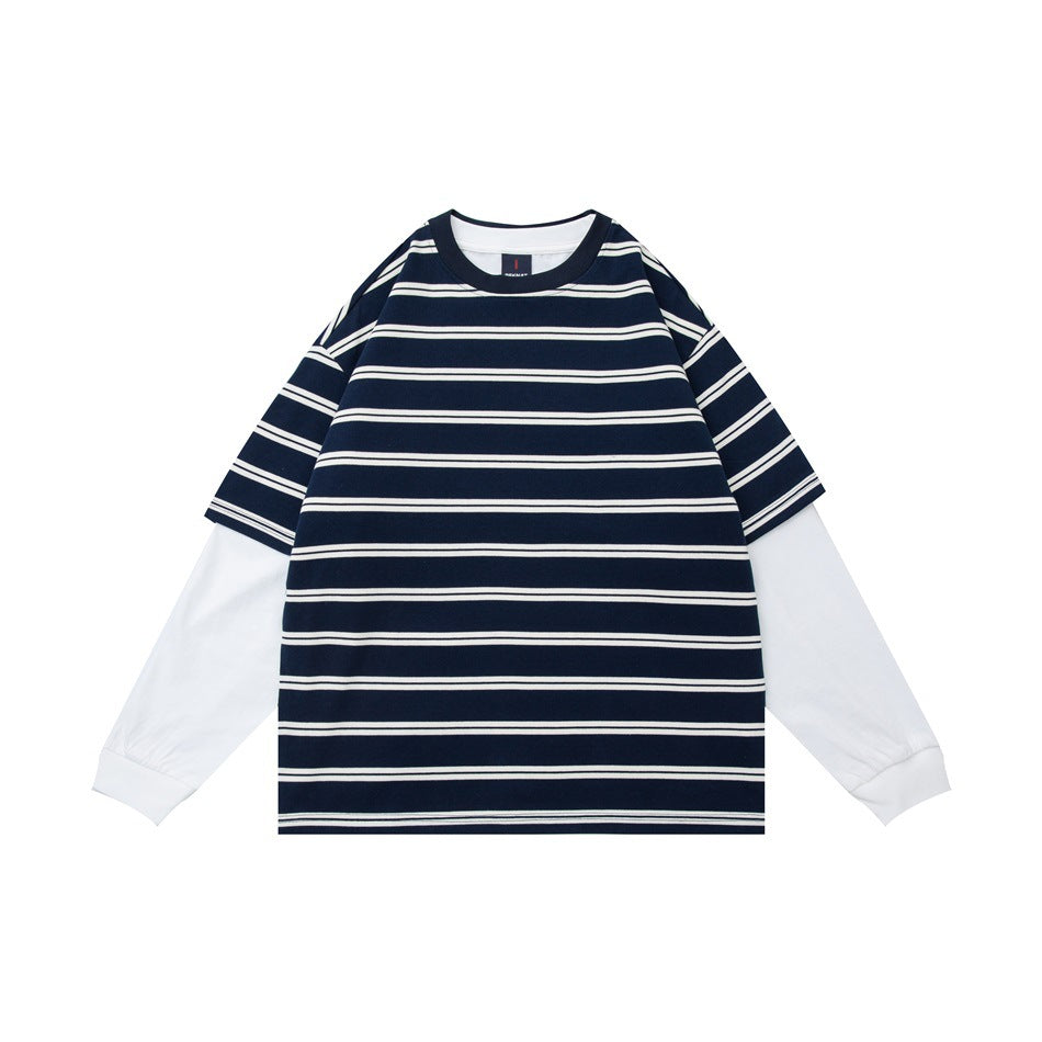Navy and white striped layered tee with white long sleeves and banded cuffs, flat lay front view