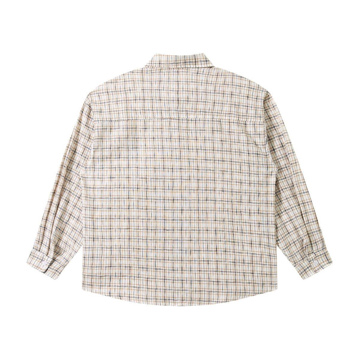 Back view of a beige checked long-sleeve shirt with yoke seam and buttoned cuffs
