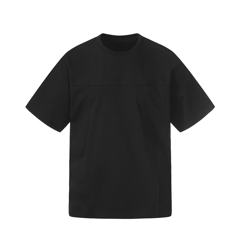 Front view of a black short-sleeve crew-neck T-shirt with a horizontal seam across the chest.