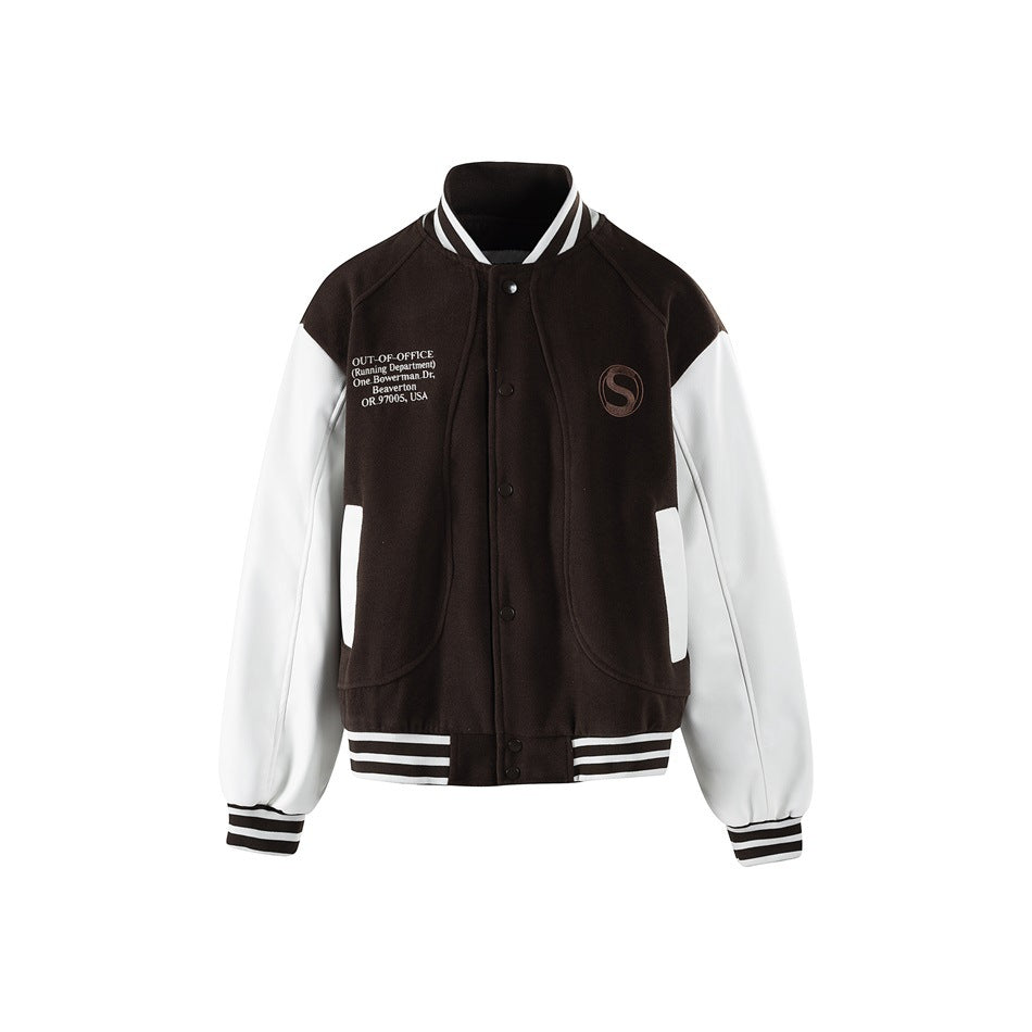 Brown varsity jacket with white sleeves, striped trim, snap front and embroidered S emblem, flat front view