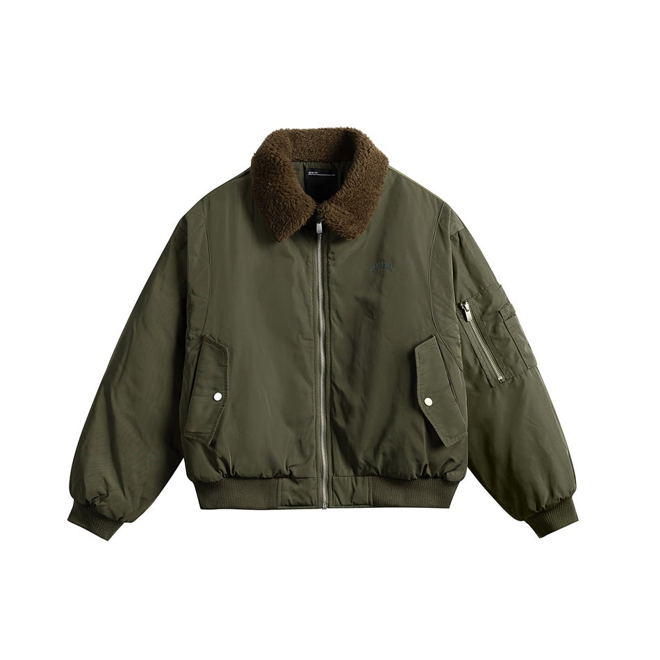 Army green bomber jacket with brown fleece-like collar, front zipper, flap pockets and ribbed cuffs, flat lay front view