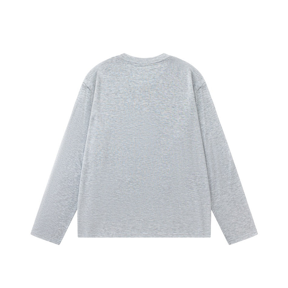 Back view of a plain heather gray long-sleeve crew-neck top