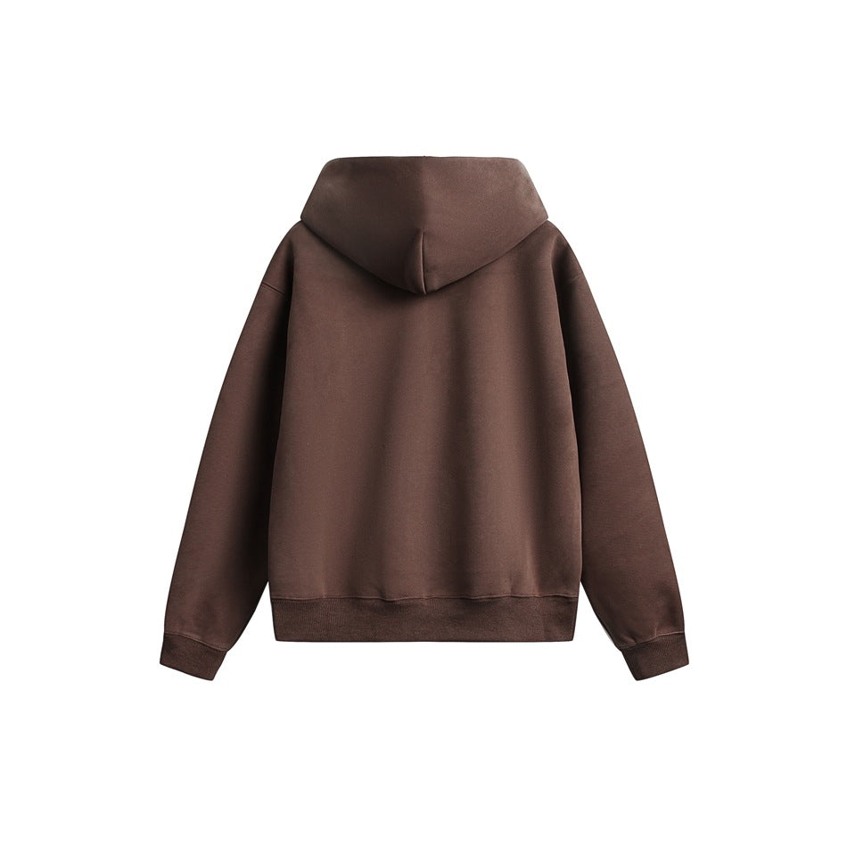 Back view of a dark brown hooded sweatshirt with long sleeves, ribbed cuffs and hem, shown flat on white.