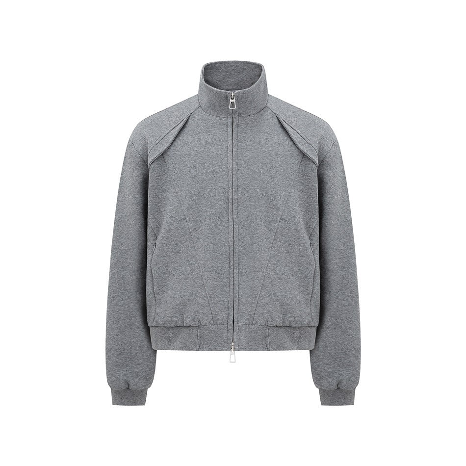Heather gray stand-collar zip jacket, front view, with raglan overlay panels, side pockets and ribbed hem