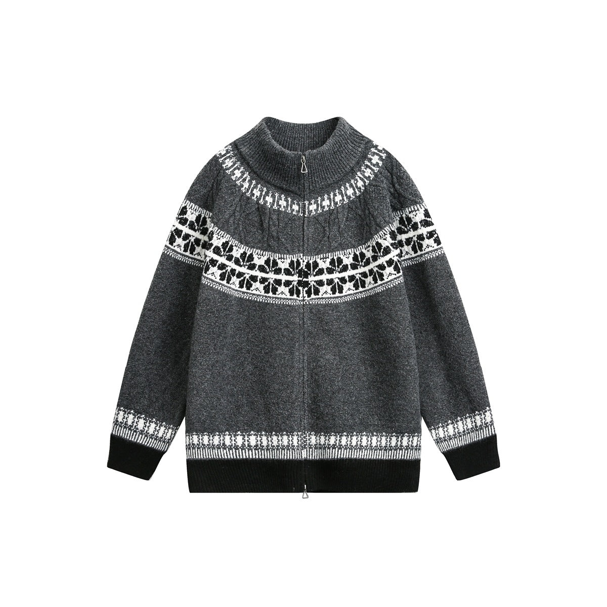 Dark gray zip-front knit sweater with black and white snowflake jacquard yoke, ribbed stand collar and black cuffs