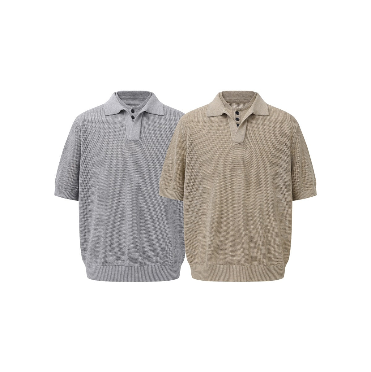 Two short-sleeve knit polo shirts shown from the front in gray and beige, with collars and button plackets.