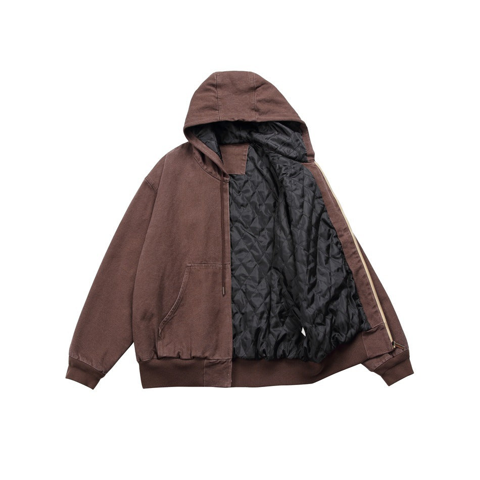 Brown hooded jacket opened to show its black quilted lining and zipper.