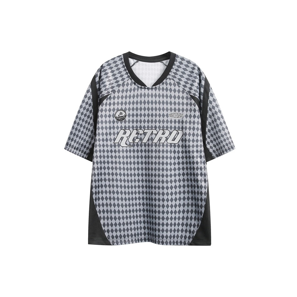 Front of a gray diamond-print short-sleeve jersey tee with dark trim, RETRO chest graphic and two small patches