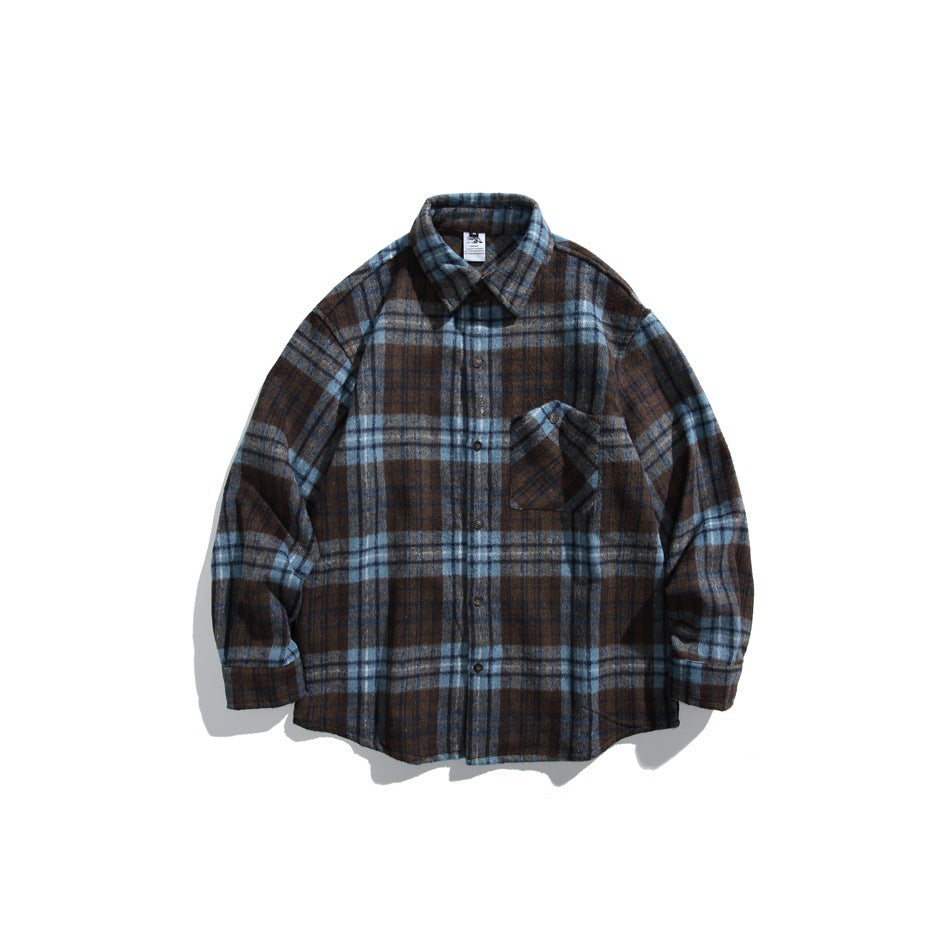 Blue and brown plaid long-sleeve button-up shirt with chest pocket, flat lay front view