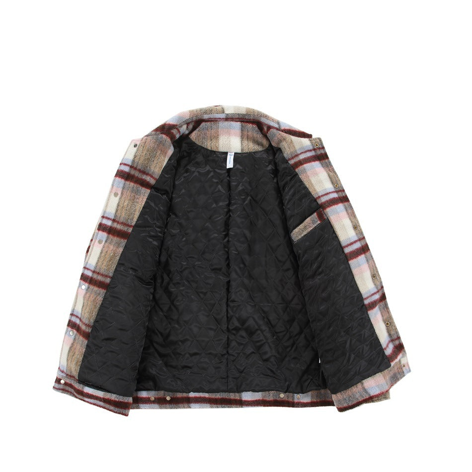 Plaid coat opened flat to show its black diamond-quilted lining and front closure edges.