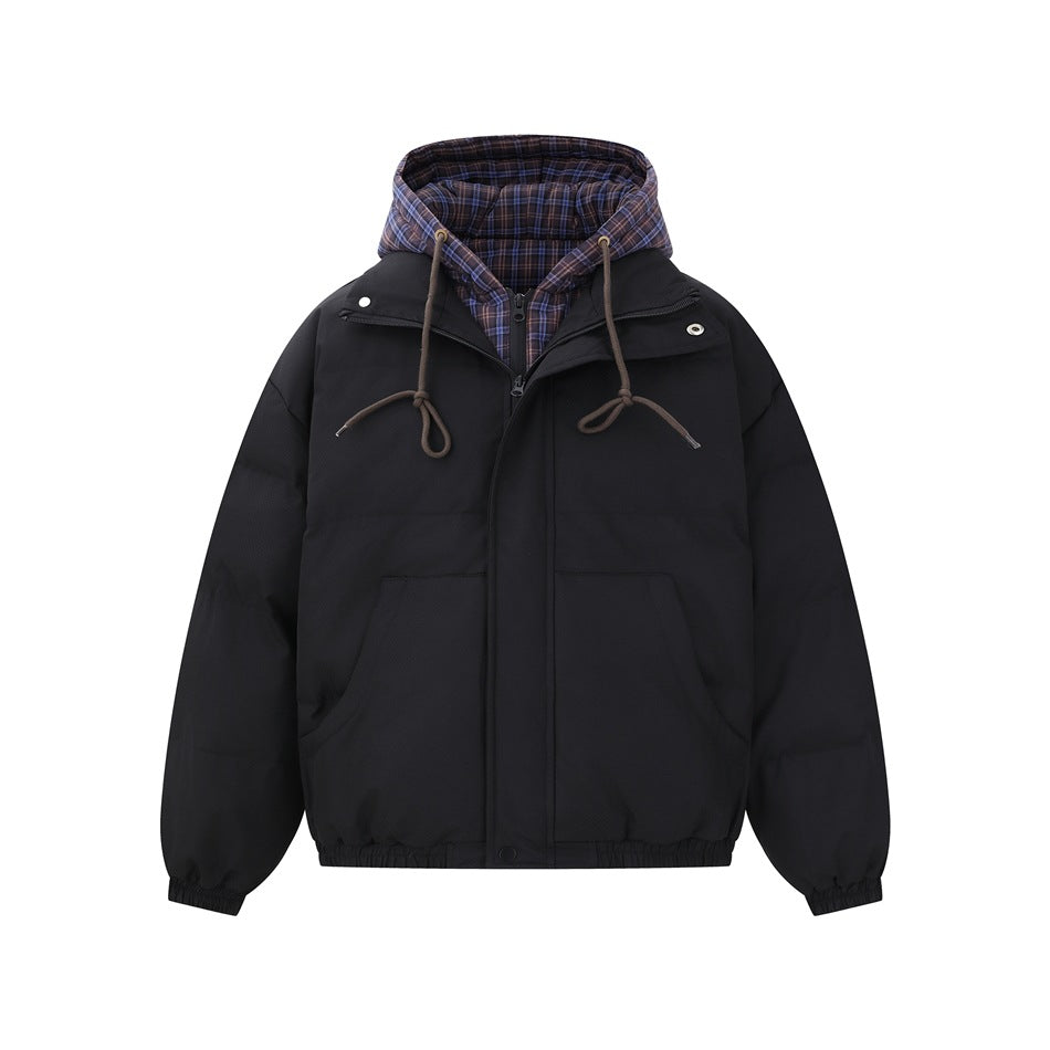 Black puffer-style jacket with plaid hood layer, brown drawcords, zip front and two front pockets, flat front view