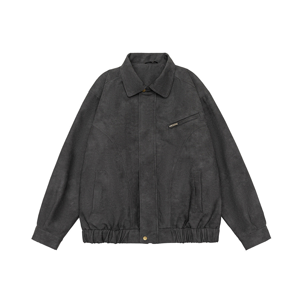 Gray collared zip-front jacket flat lay with chest zip pocket, side pockets and elastic hem