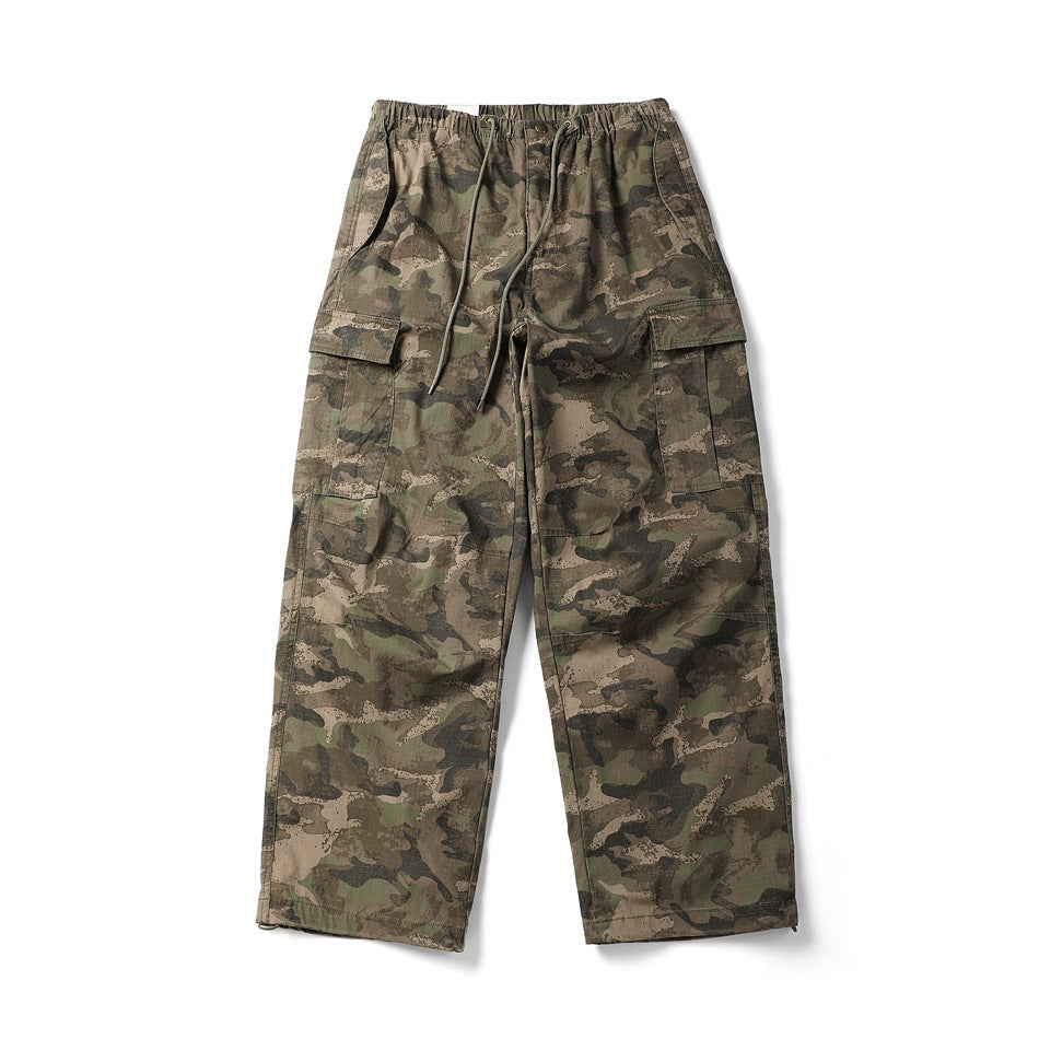 Brown and olive camouflage cargo pants, front flat lay, with drawstring waist and flap thigh pockets