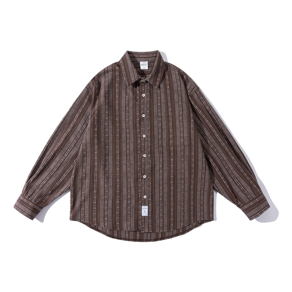 Brown vertical-striped long-sleeve button-up shirt with chest pocket, laid flat, front view