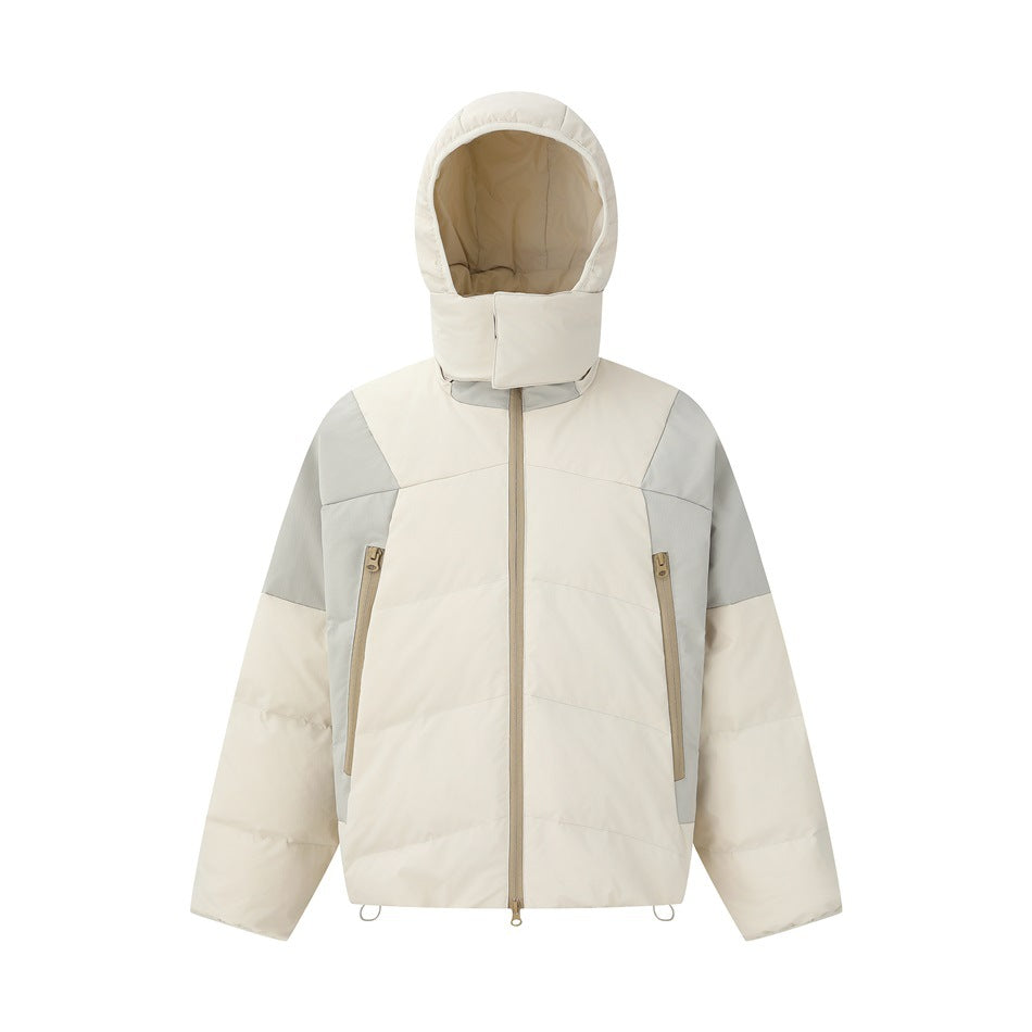 Front view of an off-white hooded jacket with pale gray shoulder panels, beige zippers, and two vertical pockets.