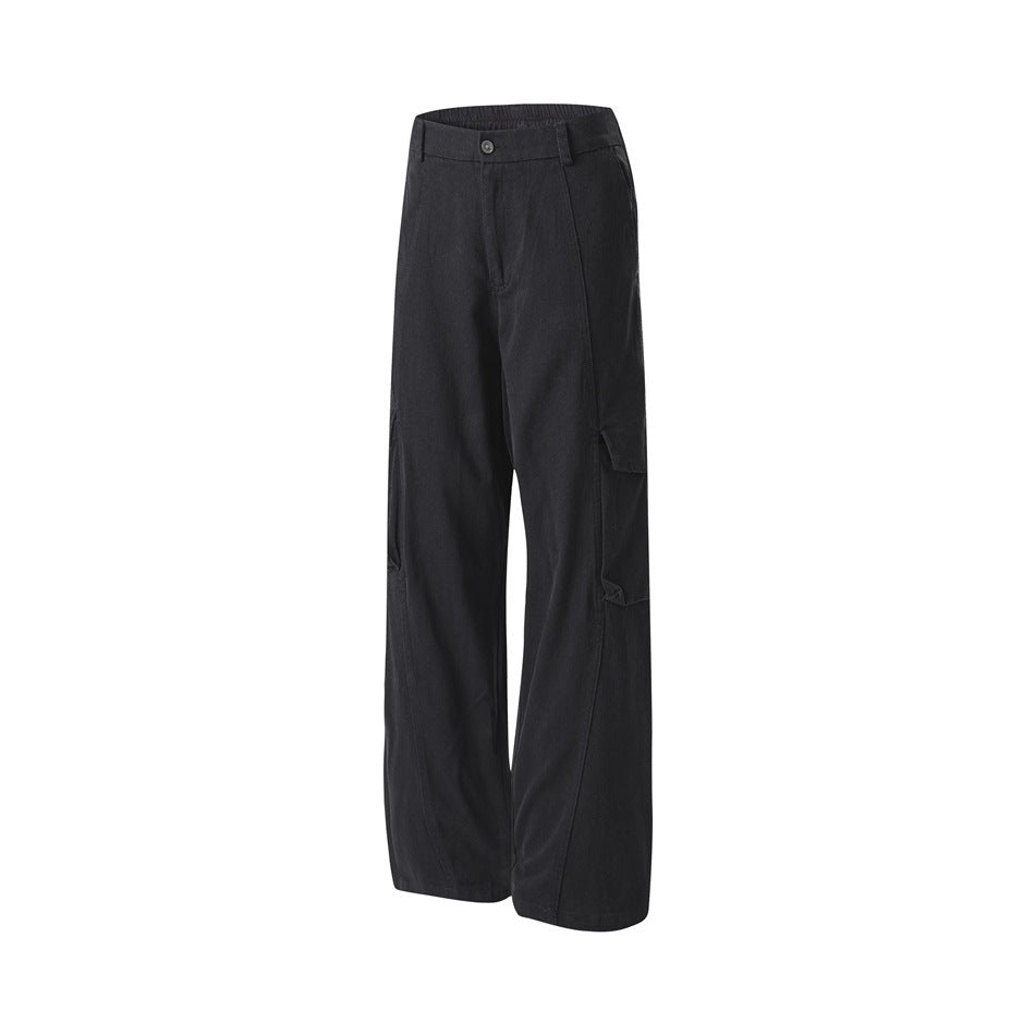 Angled front view of black wide-leg cargo trousers with a button waist and side cargo pockets.