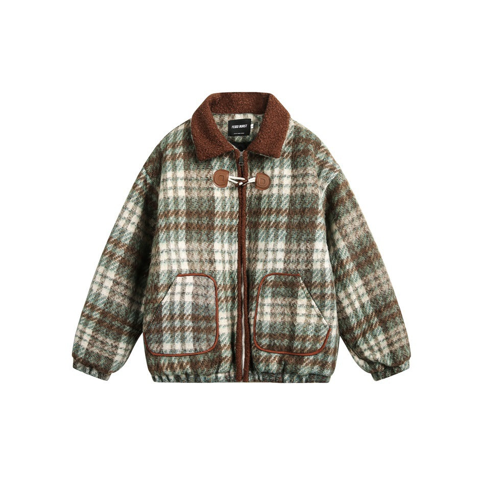 Green, brown and cream plaid jacket with brown fleece-like collar, toggle closure and two piped patch pockets