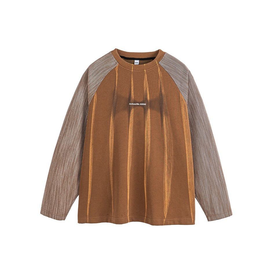Brown raglan crew-neck sweatshirt with vertical streak print and striped taupe sleeves, front flat view