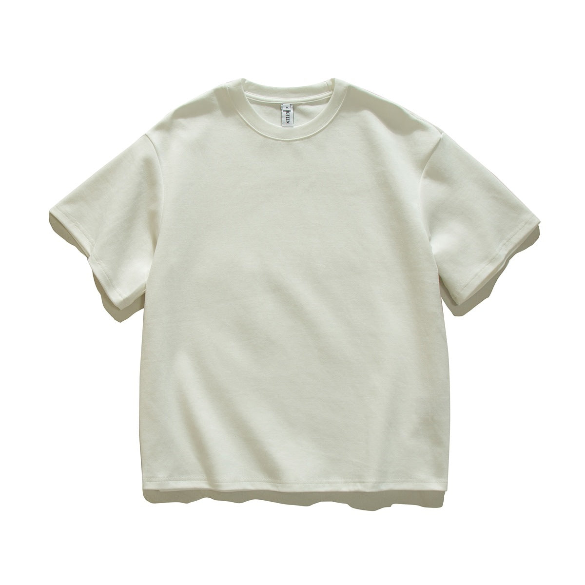 White short-sleeve crew-neck T-shirt laid flat, front view, plain with dropped shoulders