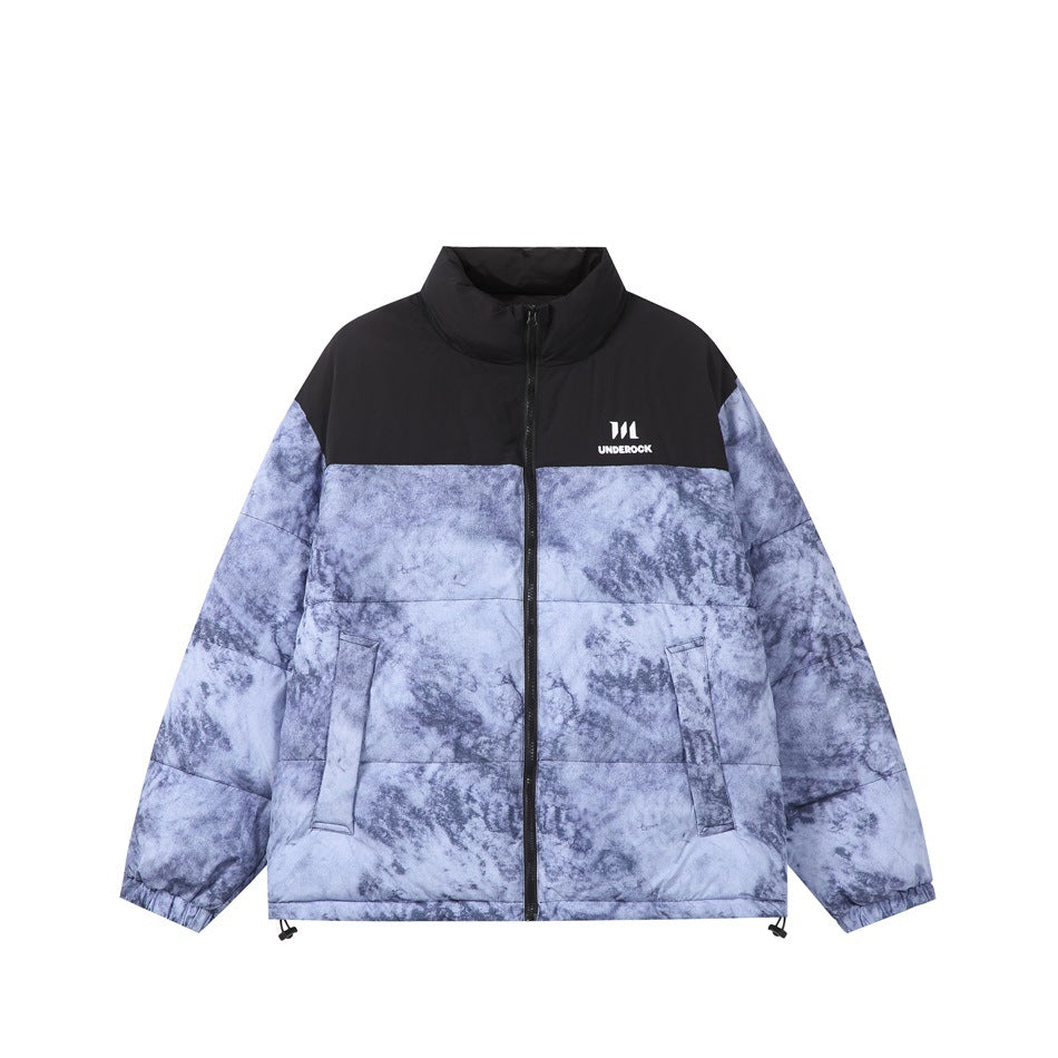 Black and blue marbled-print puffer jacket with stand collar, front zip, pockets and hem drawcords, flat view