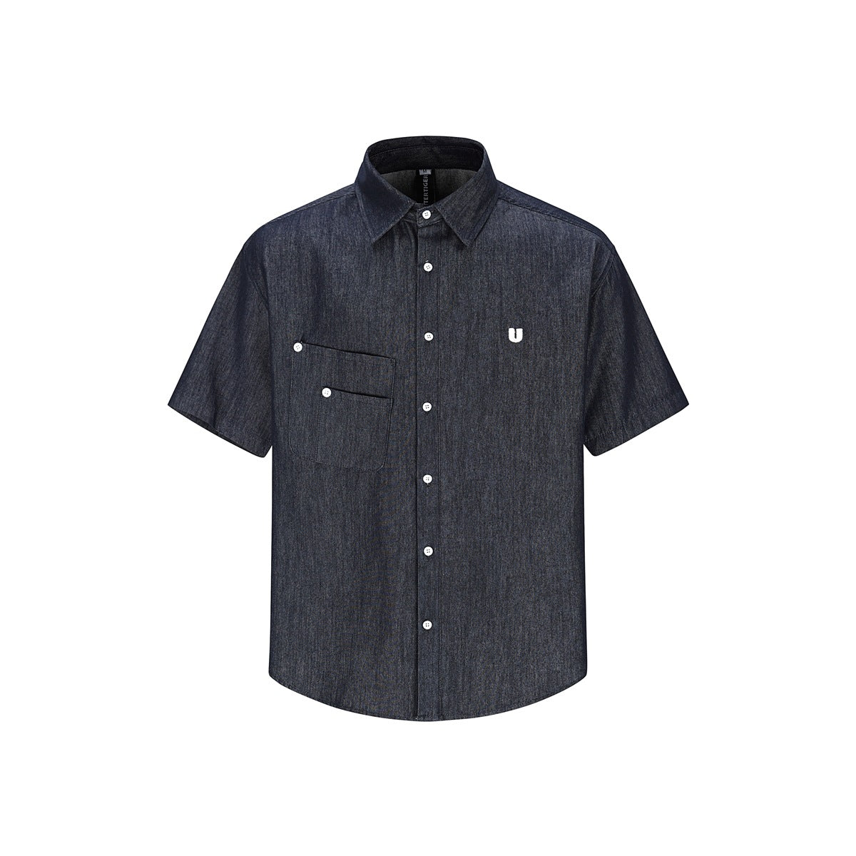 Dark indigo denim-look short-sleeve button-up shirt with chest pocket and small white U logo, flat front view