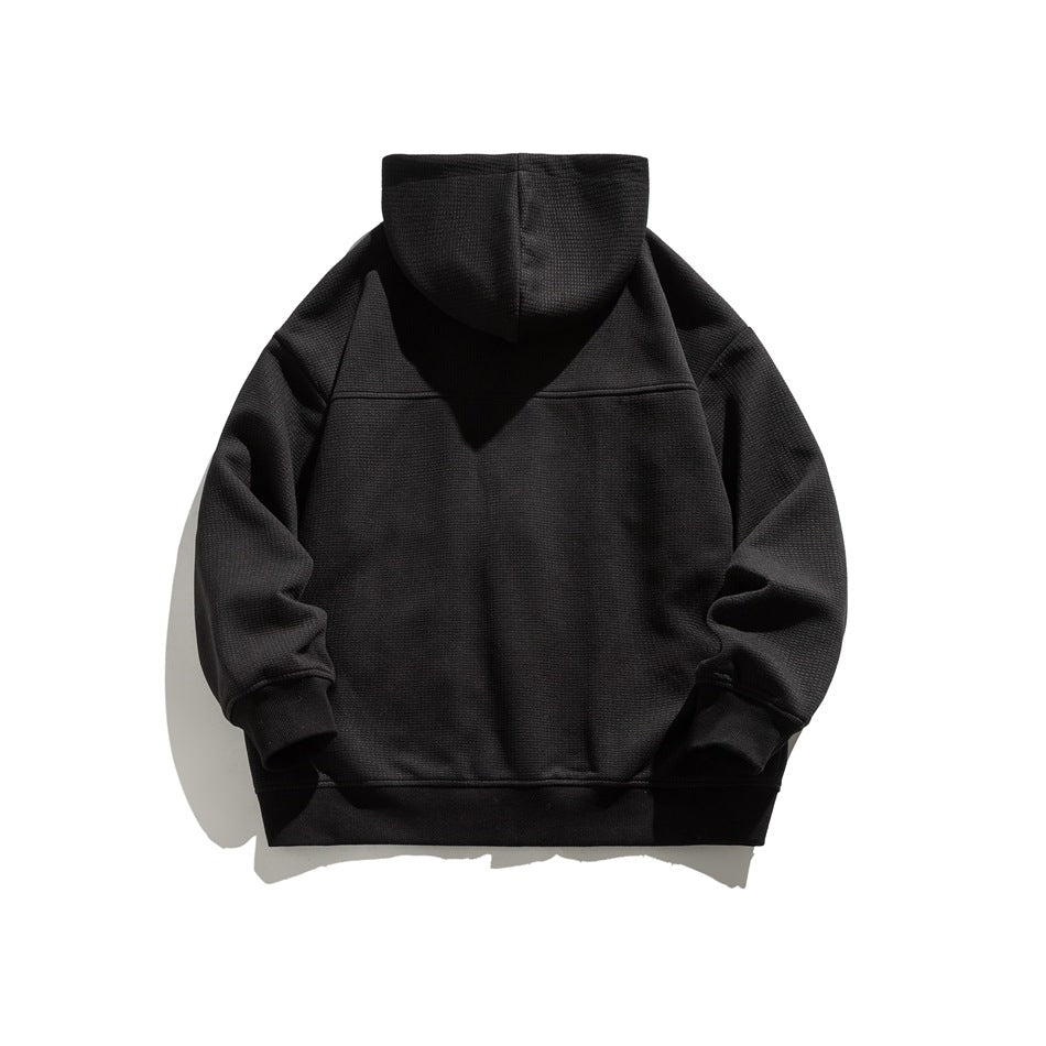 Black hooded sweatshirt shown from the back, laid flat against a white background.