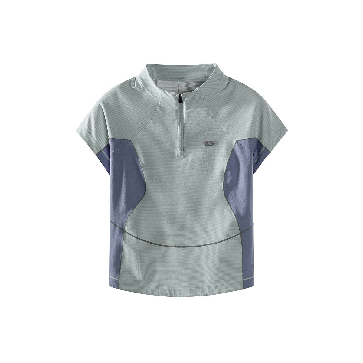 Smoky blue-green half-zip short-sleeve top with blue-purple side panels, flat front view
