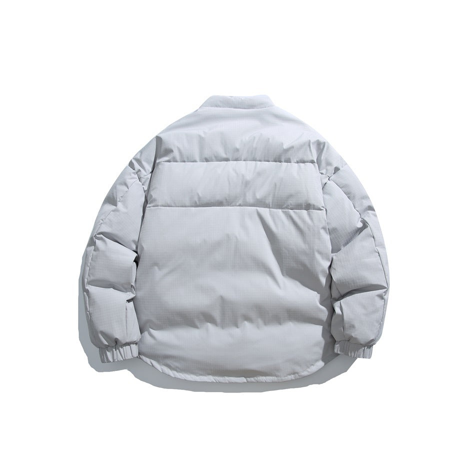 Back view of a light gray quilted puffer jacket with stand collar, horizontal channels and elastic cuffs