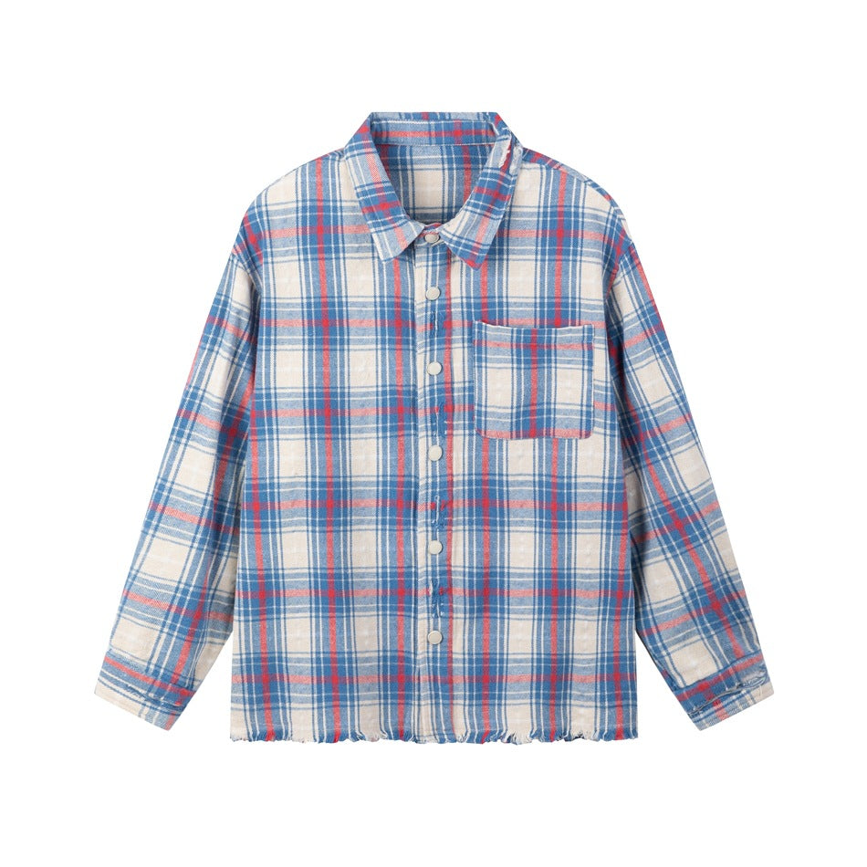 Blue and red plaid long-sleeve button shirt with chest pocket and frayed hem on a white background