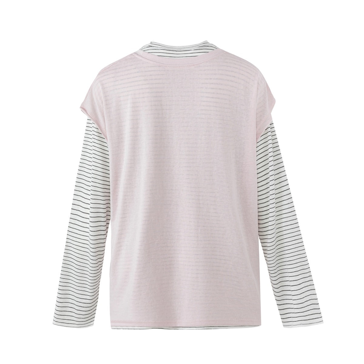Back view of a pale pink sleeveless top layered over a white shirt with thin black stripes.